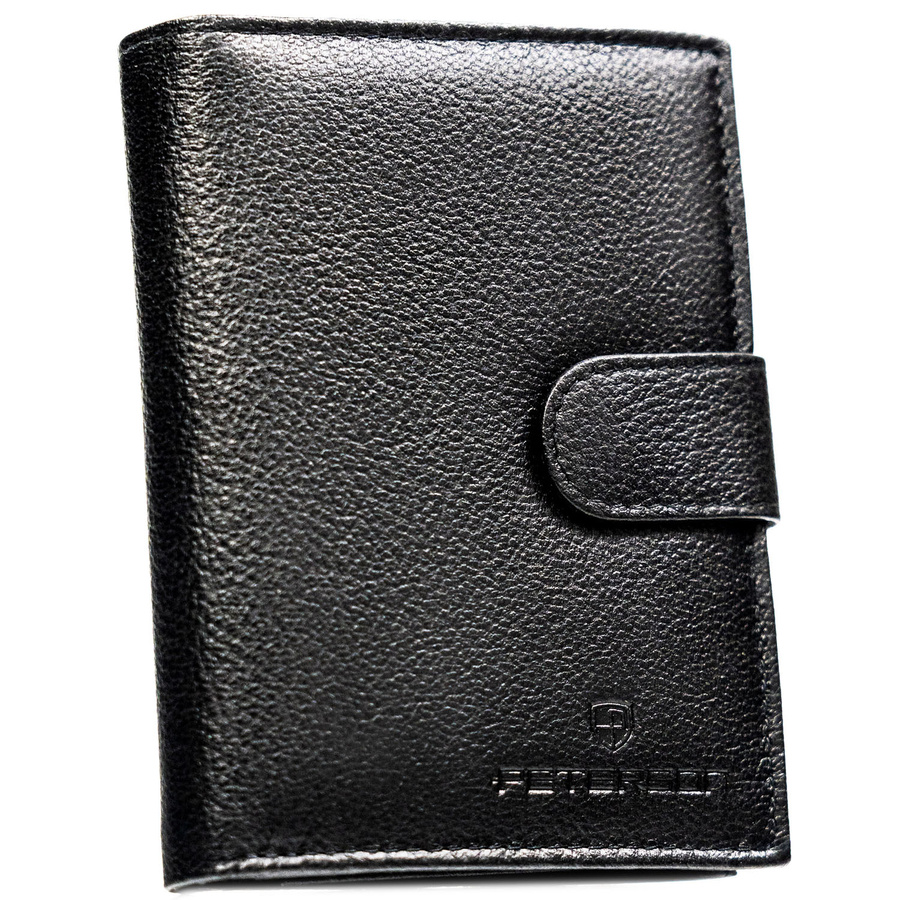 Czarny portfel męski ze skóry naturalnej zamykany zatrzaskiem i wyposażony w system RFID - Peterson
