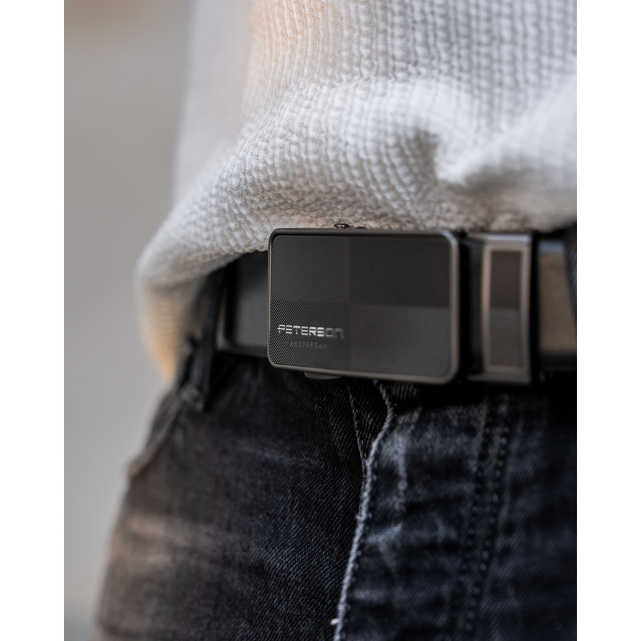 Czarny pasek męski ze skóry naturalnej z automatyczną, czarną klamrą - Peterson