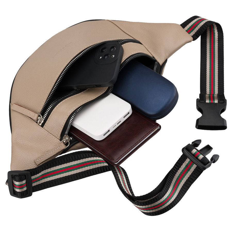 Skórzana saszetka damska w beżowym kolorze, jednokomorowa i zamykana na suwak - Rovicky