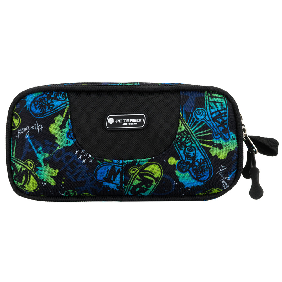 Dwukomorowy piórnik szkolny z poliestru pokryty wzorem w deskorolki - Peterson