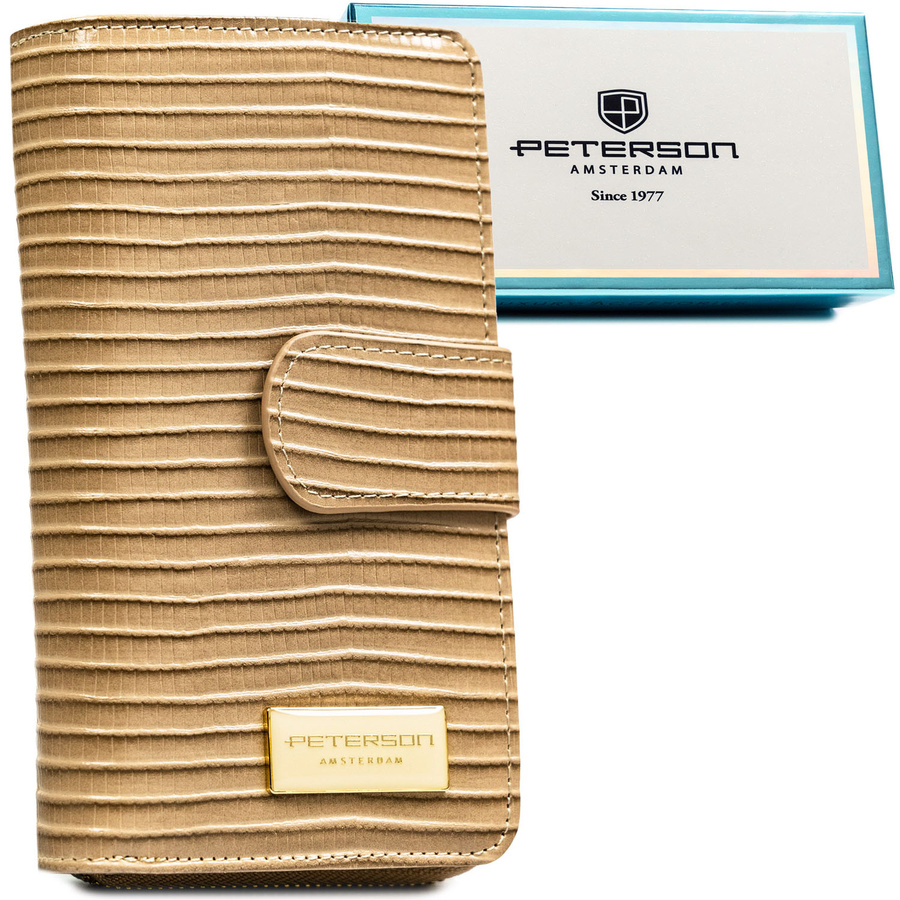 Beżowy portfel w orientacji pionowej wykonany ze skóry naturalnej i ekologicznej ze wzorem w plecionkę - Peterson