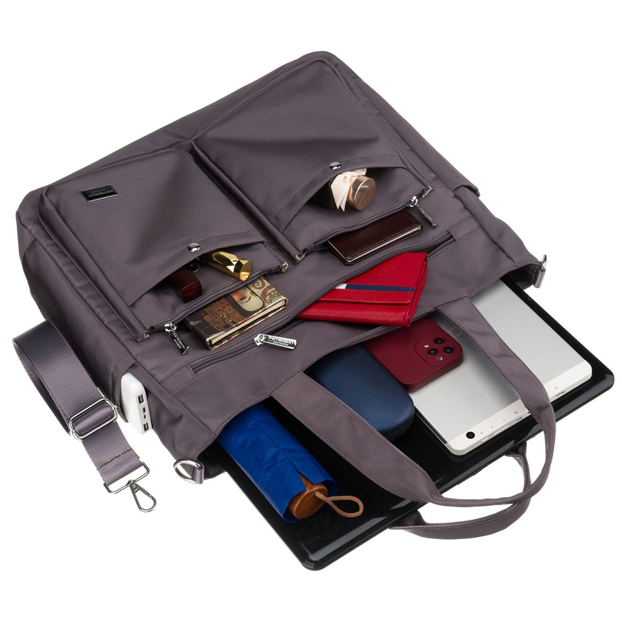 Pojemna torba damska w szarym kolorze z przegrodą na laptopa wykonana z poliestru - Peterson