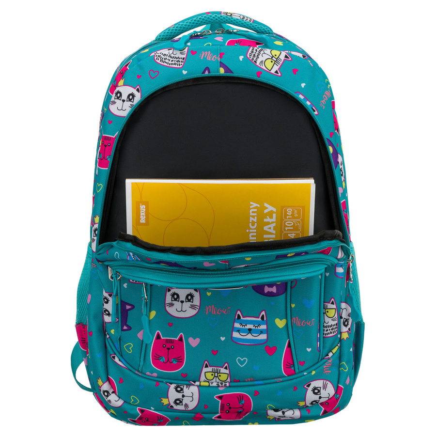 Młodzieżowy plecak szkolny odszyty z poliestru pokryty uroczym wzorem w kotki - Peterson