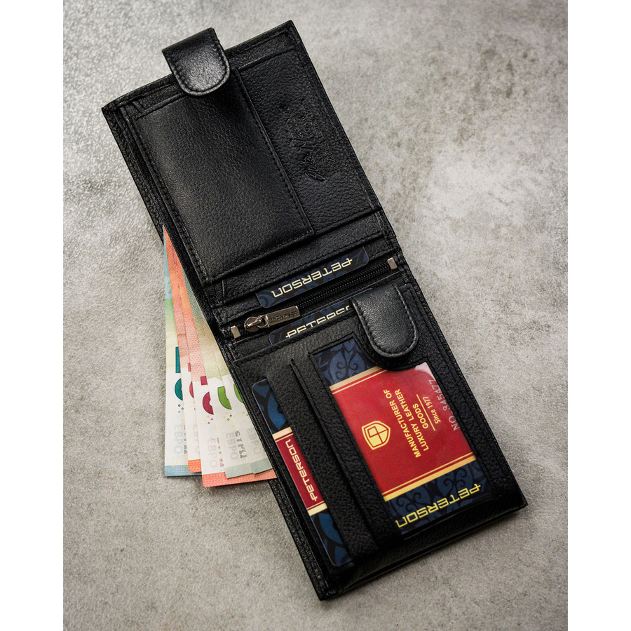 Klasyczny, czarny portfel męski ze skóry naturalnej zamykany zatrzaskiem - Peterson
