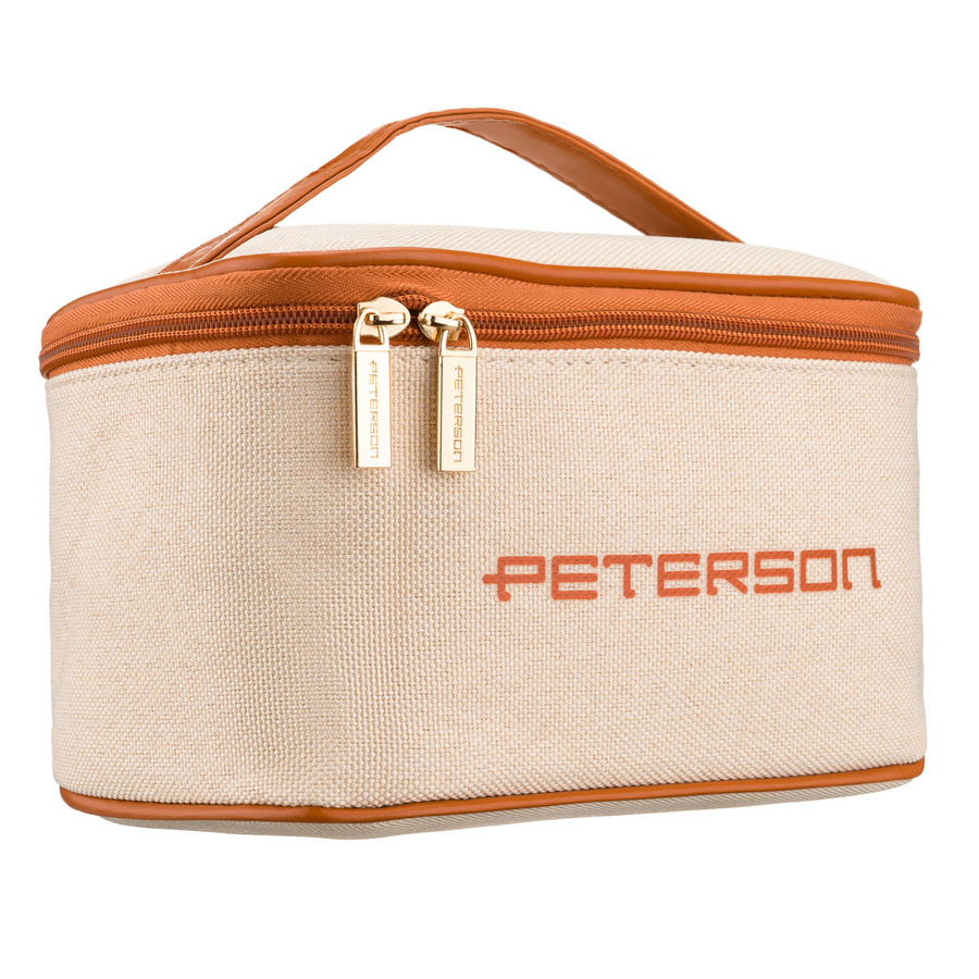 Beżowo-brązowa kosmetyczka z tkaniny syntetycznej wyposażona w uchwyt, zamykana suwakiem - Peterson