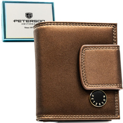 Brązowy portfel damski ze skóry naturalnej i ekologicznej, zamykany zatrzaskiem i biglem - Peterson