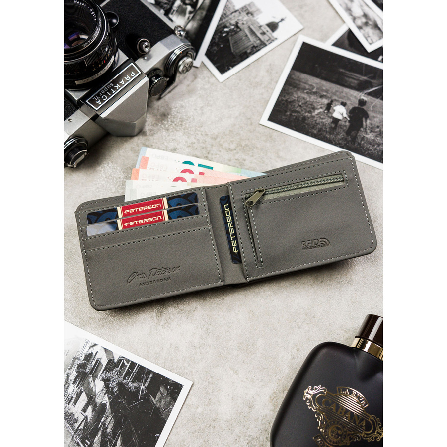Szary portfel męski bez zapięcia zewnętrznego z systemem RFID - Peterson