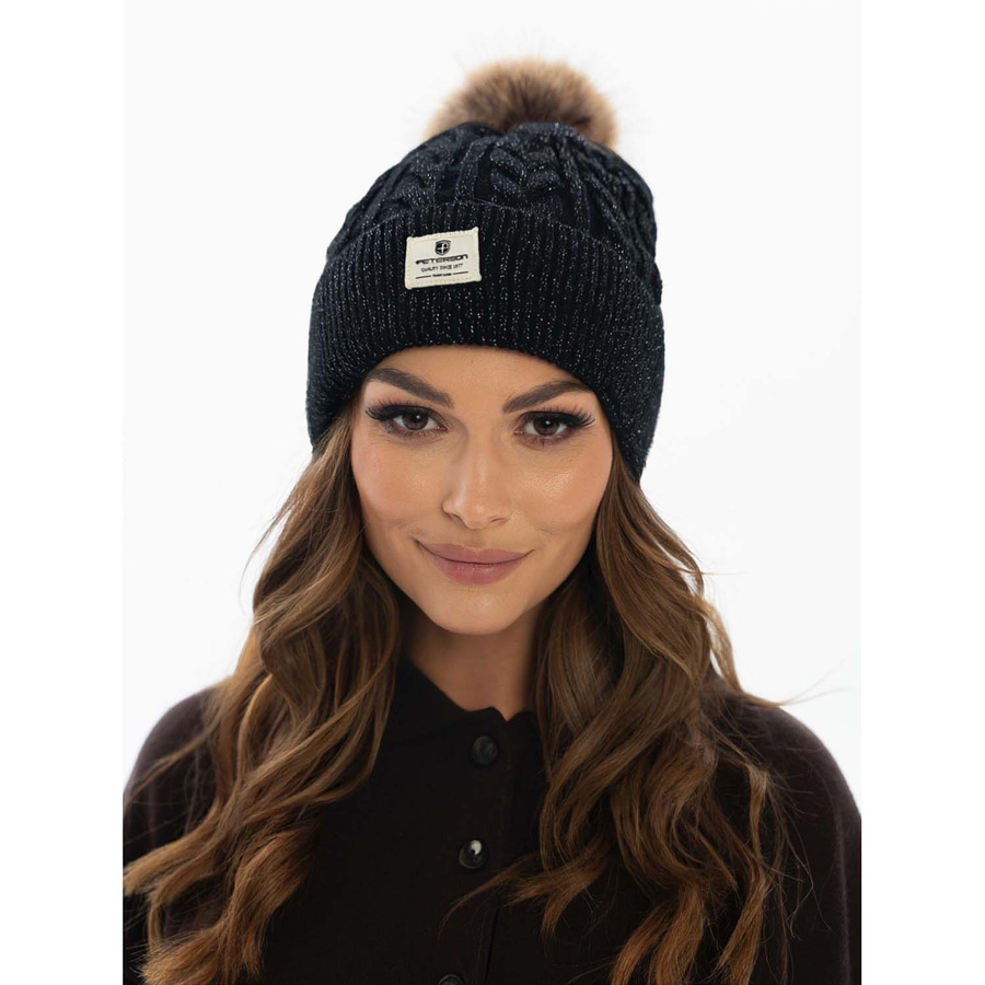 Czarna wywinięta czapka damska z pomponem - Peterson