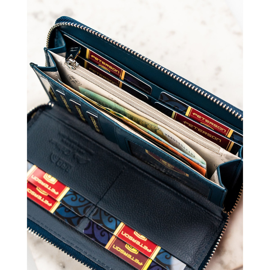 Portfel-piórnik damski ze skóry naturalnej i ekologicznej w granatowym kolorze zamykany na suwak - Peterson