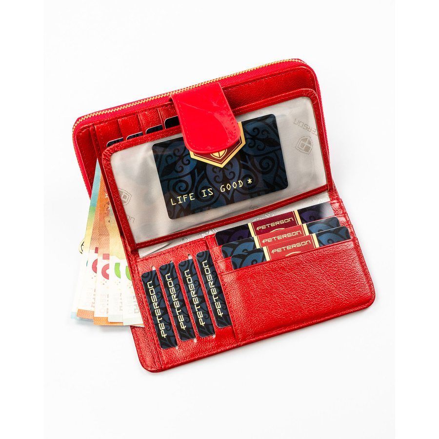 Czerwony portfel w orientacji pionowej wykonany ze skóry naturalnej i ekologicznej - Peterson