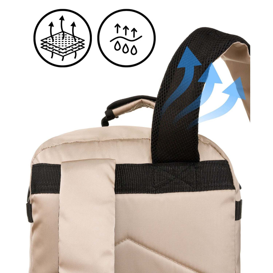 Beżowy plecak kabinowy z wodoodpornego poliestru wyposażony w uchwyt na walizkę - Peterson