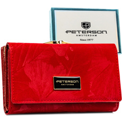 Poziomy, czerwony portfel damski ze skóry naturalnej i ekologicznej w roślinny wzór - Peterson