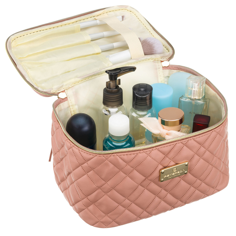 Różowa, pikowana kosmetyczka z tkaniny syntetycznej zamykana suwakiem - Peterson