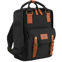 Czarno-brązowy, duży plecak damski wykonany z poliestru i skóry ekologicznej - Peterson