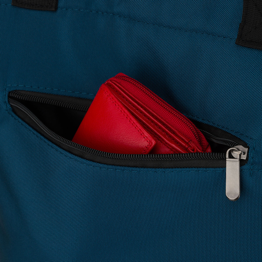 Turkusowa shopperka damska zawieszona na wygodnych uchwytach i doczepianym pasku, zamykana suwakiem - Peterson