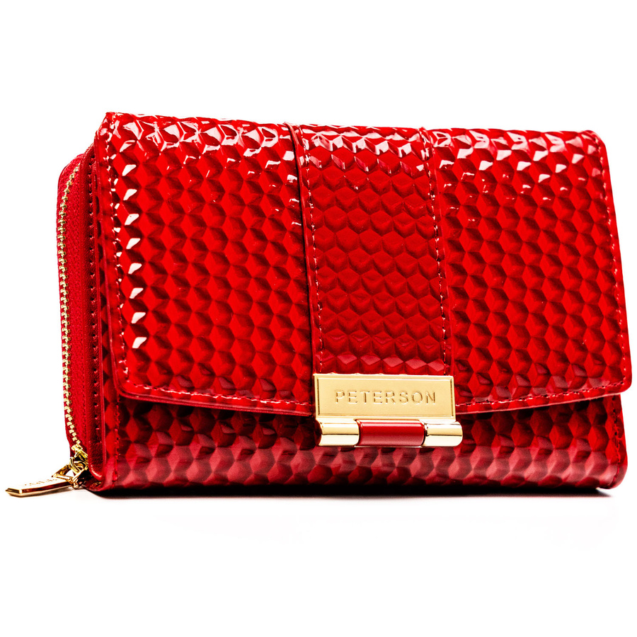 Czerwony, lakierowany portfel damski wykonany ze skóry ekologicznej o przestrzennej fakturze - Peterson