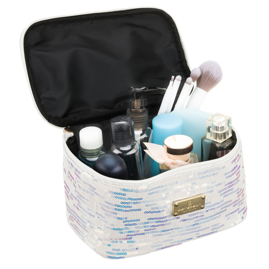 Biała kosmetyczka z tkaniny syntetycznej ozdobiona cekinami, wyposażona w wygodny uchwyt - Peterson