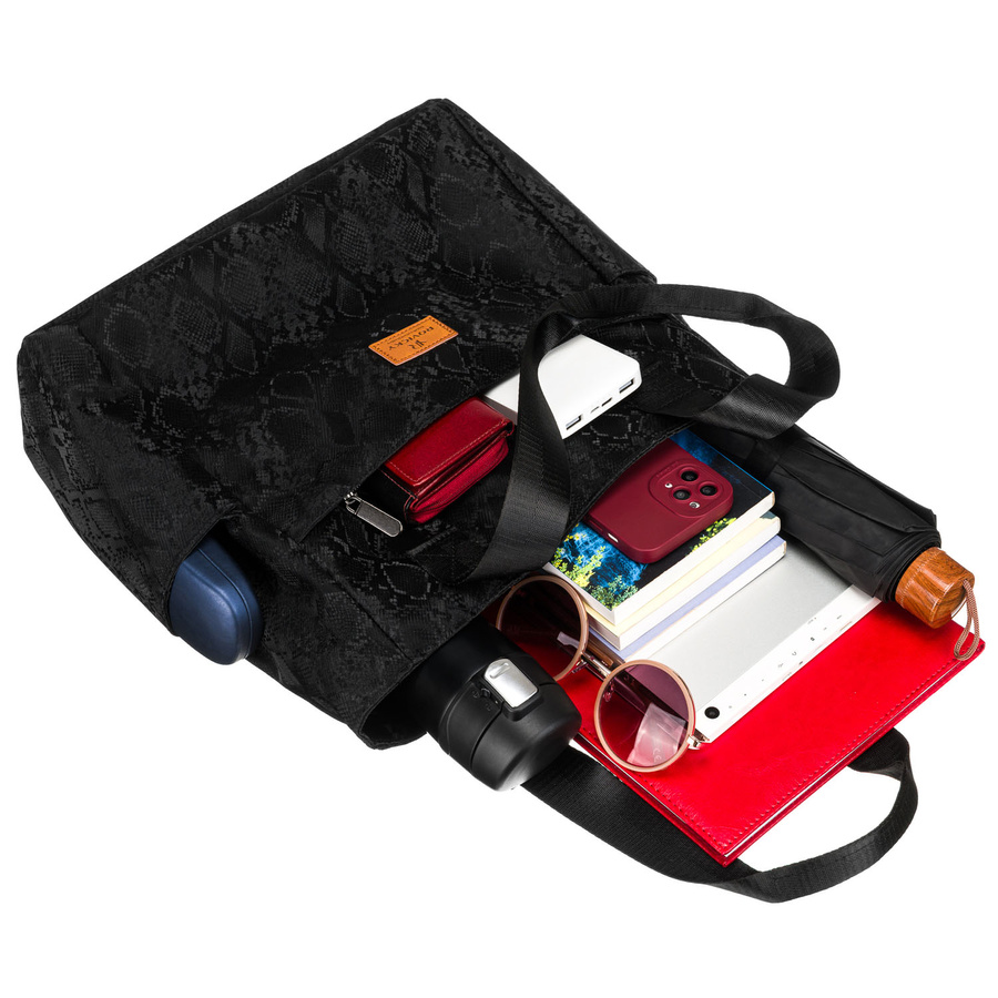 Czarny shopper damski z poliestru zawieszony na wygodnych uchwytach - Rovicky