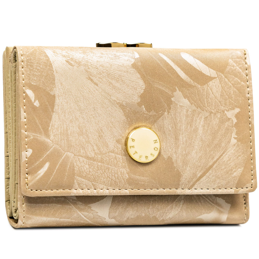 Beżowy portfel damski ze skóry naturalnej i ekologicznej pokryty roślinnym wzorem - Peterson