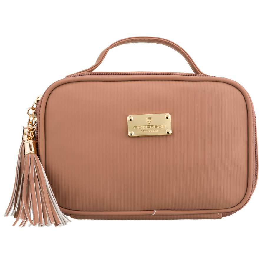 Jednokomorowa kosmetyczka z tkaniny syntetycznej w beżowym kolorze wyposażona praktyczny uchwyt - Peterson