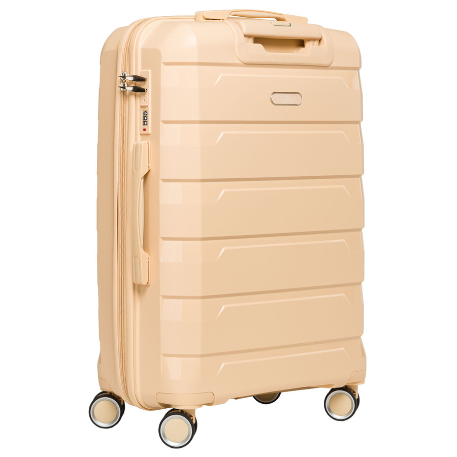 Beżowa, duża walizka z polipropylenu z wysuwaną, teleskopową rączką i zamkiem szyfrowanym - Peterson