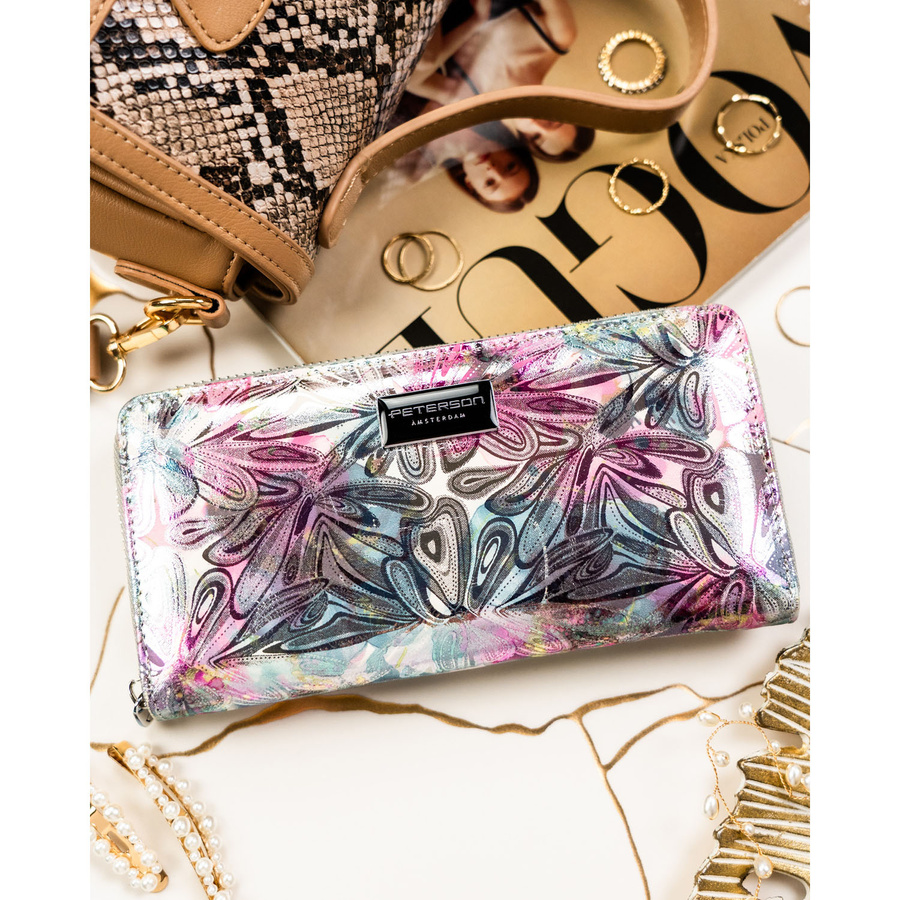 Portfel damski w typie piórnika w kolorowe kwiaty, wykonany ze skóry naturalnej i ekologicznej - Peterson