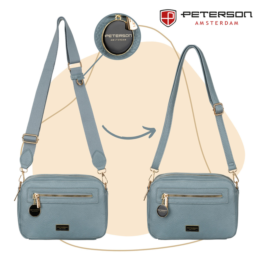 Modna niebieska listonoszka damska z dwoma paskami na ramię i brelokiem eko skóra Peterson