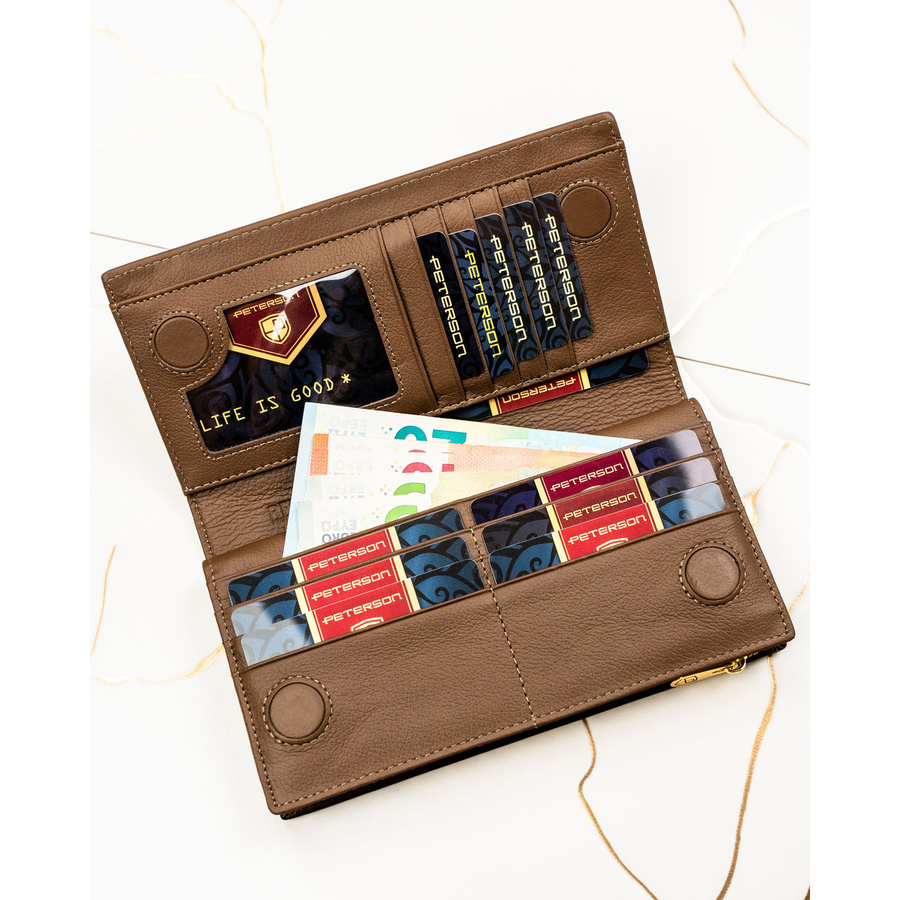 Brązowy portfel damski ze skóry naturalnej i ekologicznej z systemem RFID - Peterson