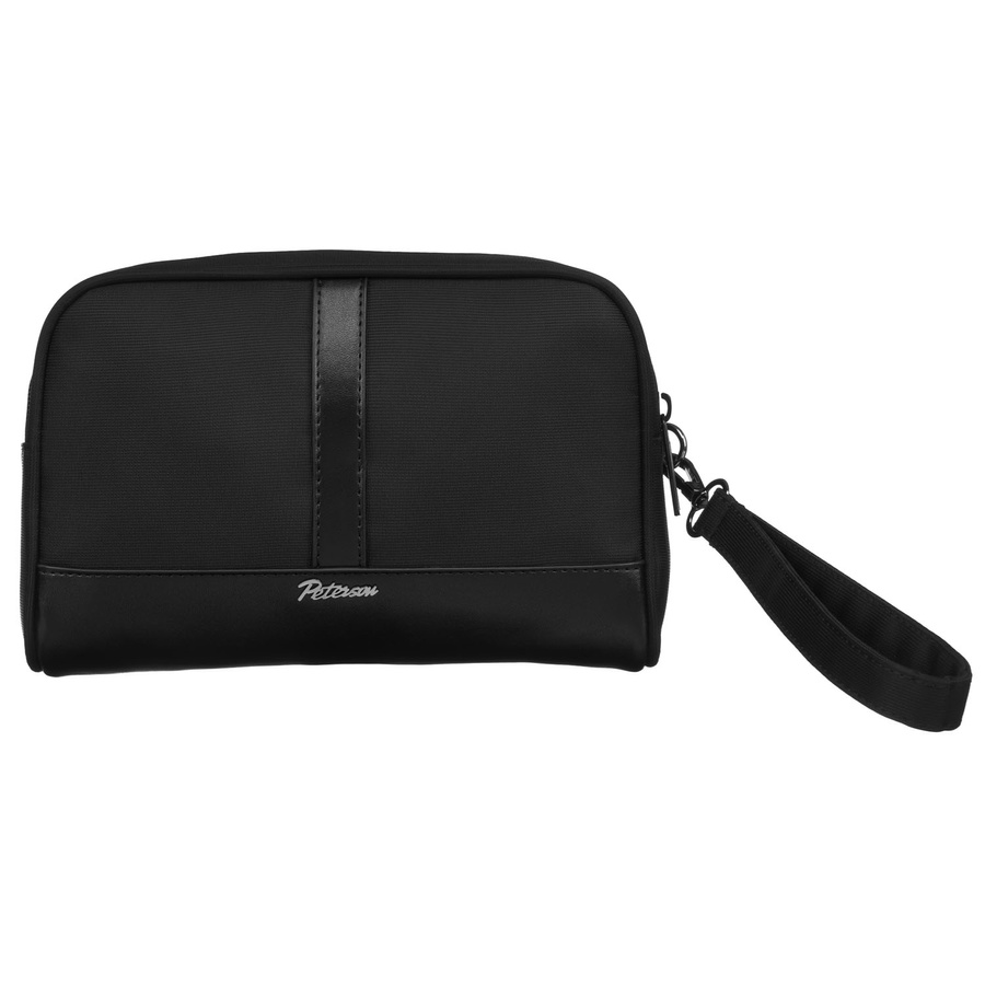 Saszetka męska do ręki wykonana z poliestru i skóry ekologicznej w czarnym kolorze - Peterson
