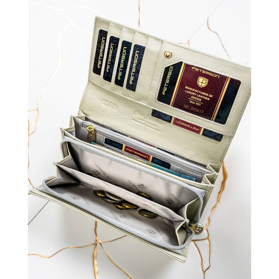 Elegancki skórzany portfel damski beżowy na dowód rejestracyjny - Peterson