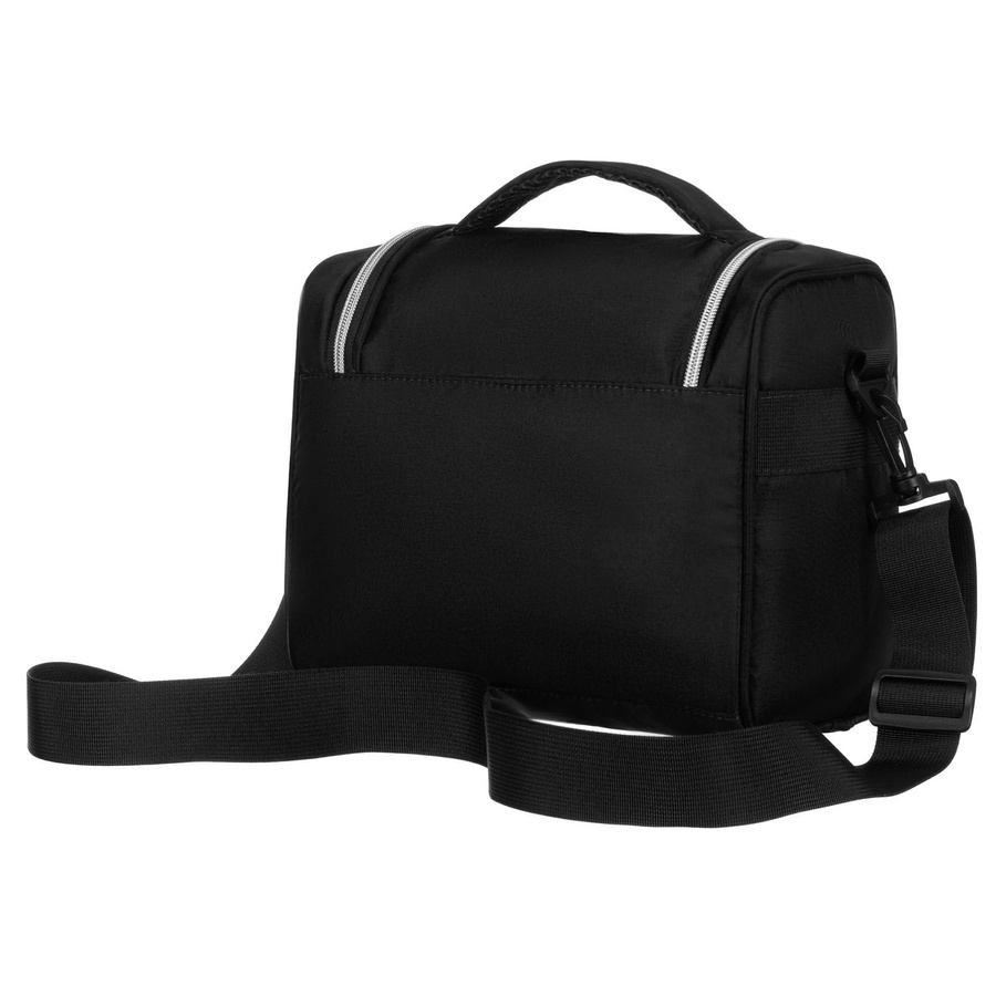 Czarna, praktyczna kosmetyczka podróżna z tkaniny syntetycznej z dopasowanym paskiem - Peterson