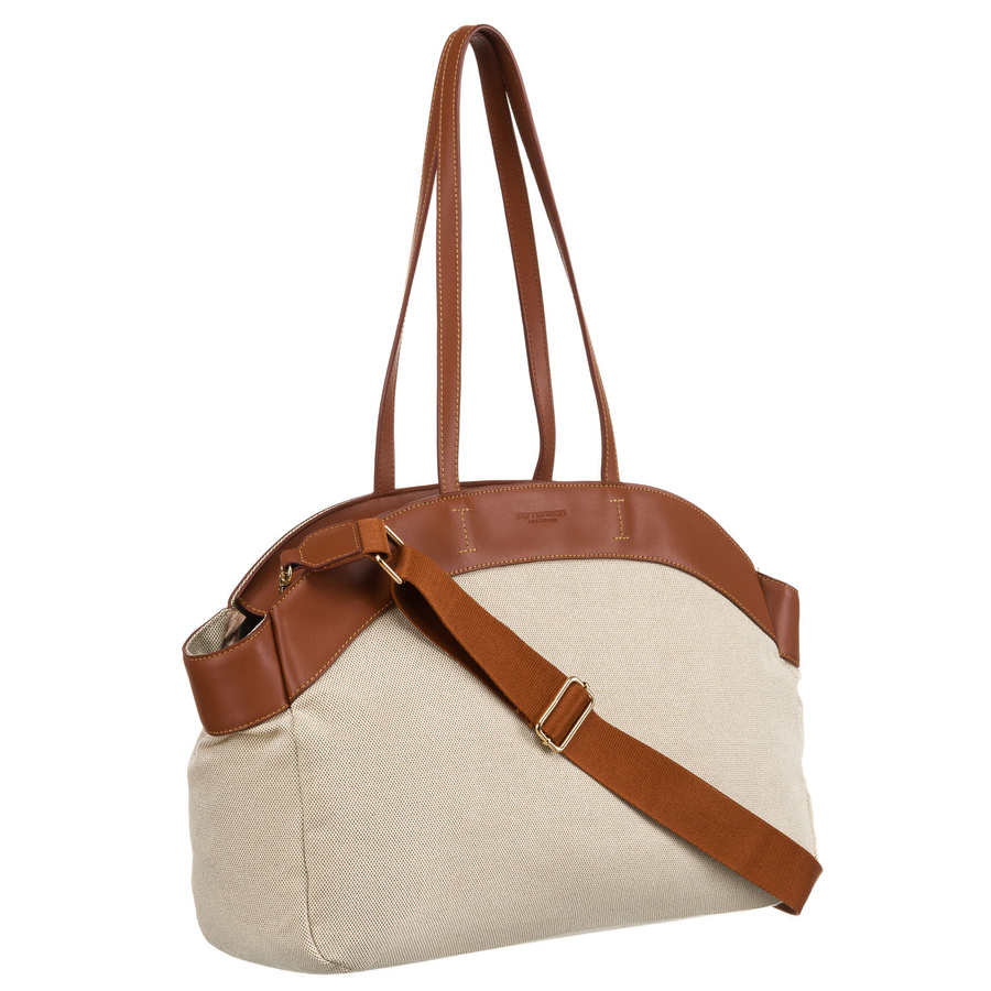 Duża torba damska wykonana ze skóry naturalnej i włókna poliamidowego w beżowo-brązowym kolorze - Peterson
