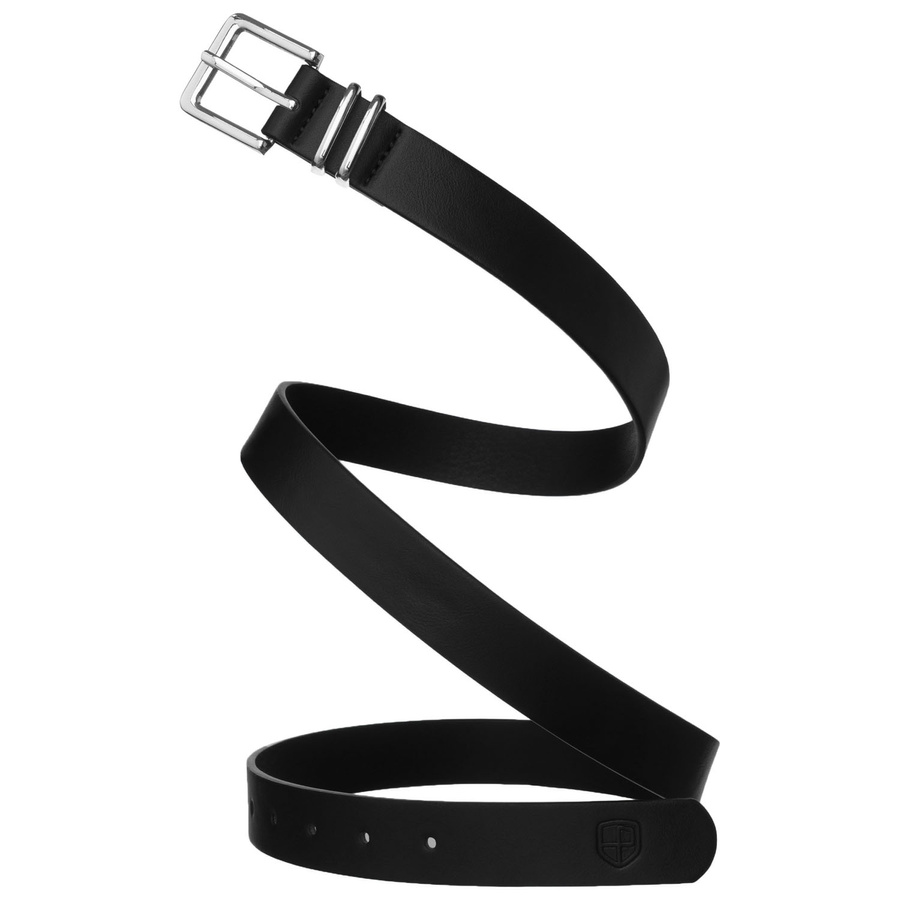 Czarny, wąski pasek damski ze skóry ekologicznej ze srebrną klamrą - Peterson