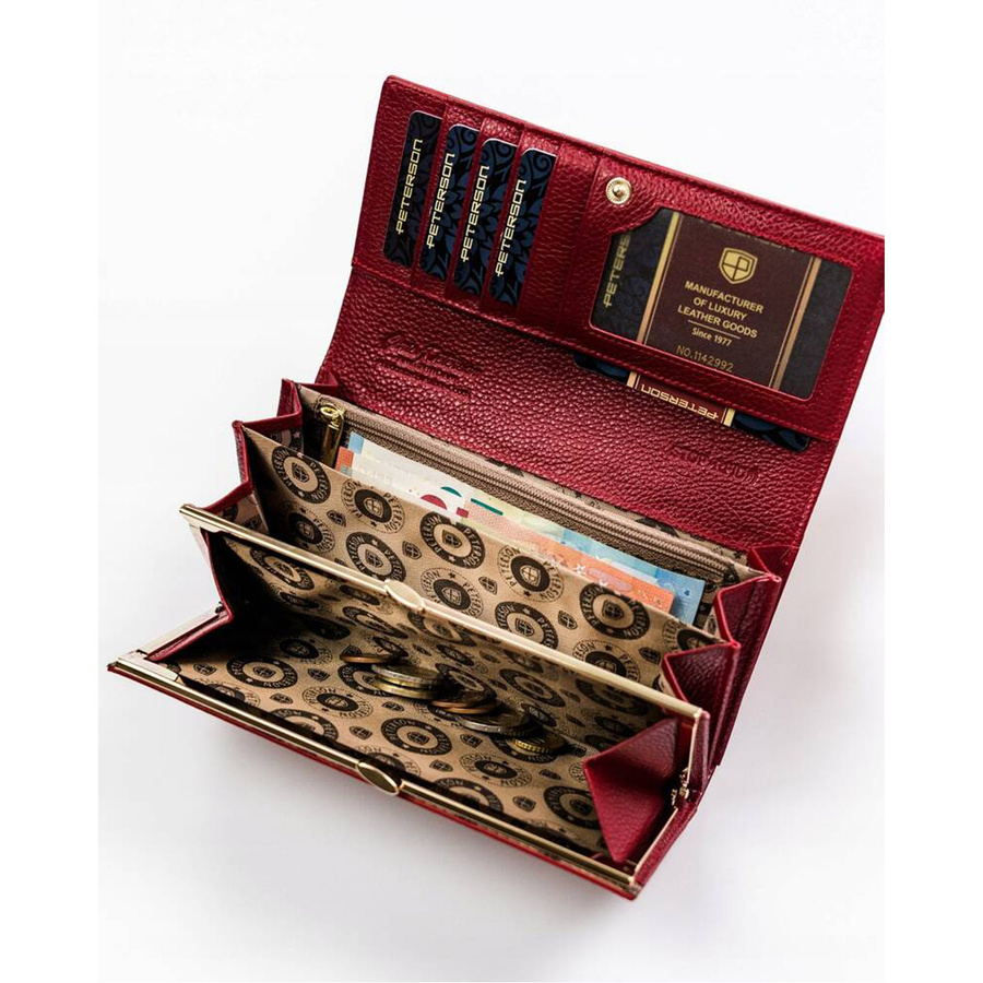 Zestaw prezentowy: duży portfel damski na zatrzask, skórzany brelok i czerwony długopis - Peterson