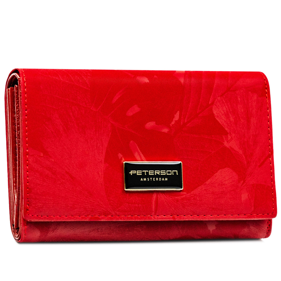 Czerwony, duży portfel damski ze skóry naturalnej i ekologicznej zamykany na zatrzask - Peterson