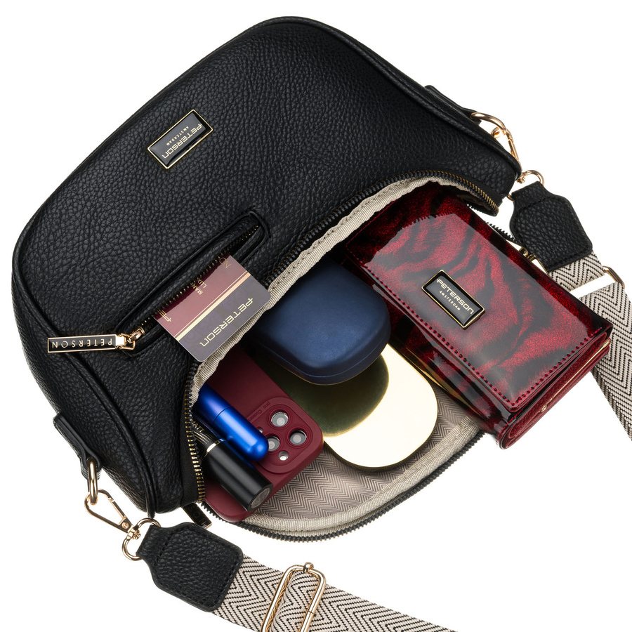 Czarna saszetka damska ze skóry ekologicznej z kieszenią na rewersie - Peterson