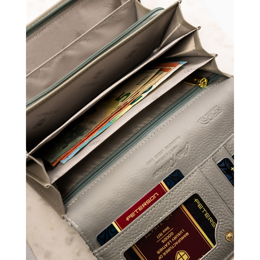 Damski portfel ze skóry naturalnej w kwiatowy wzór wyposażony w system RFID - Peterson