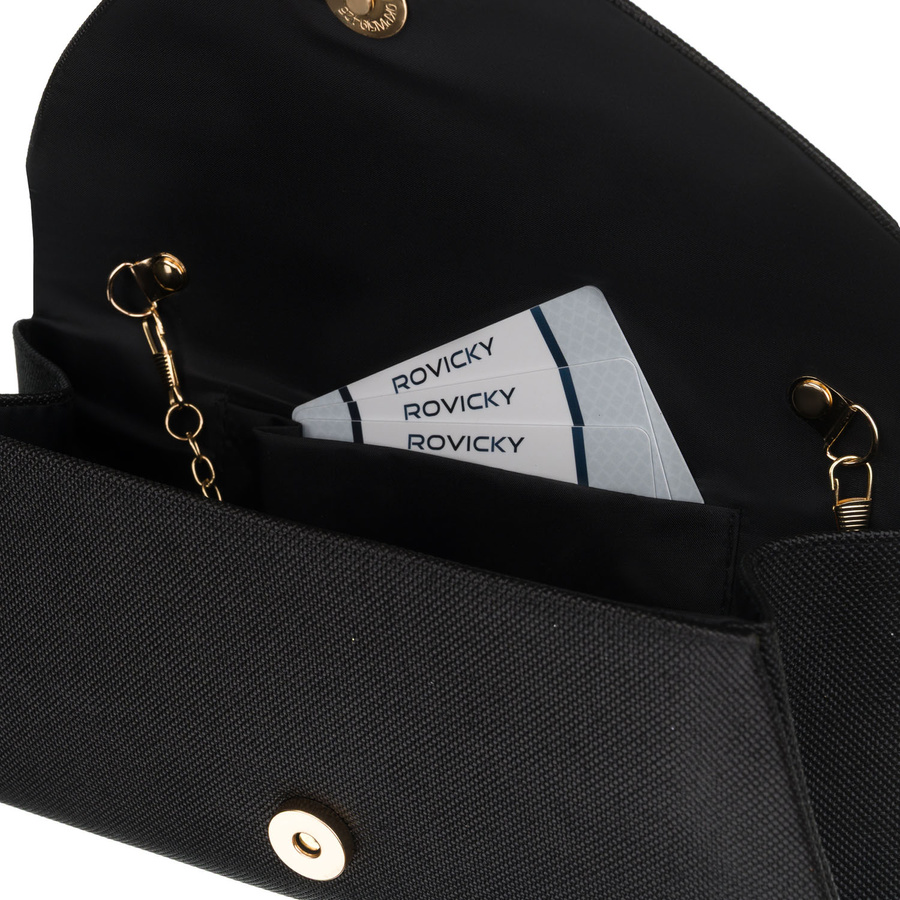 Brokatowa kopertówka damska wykonana z tkaniny syntetycznej w czarnym kolorze - Rovicky