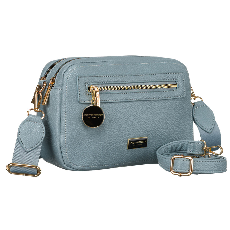 Modna niebieska listonoszka damska z dwoma paskami na ramię i brelokiem eko skóra Peterson