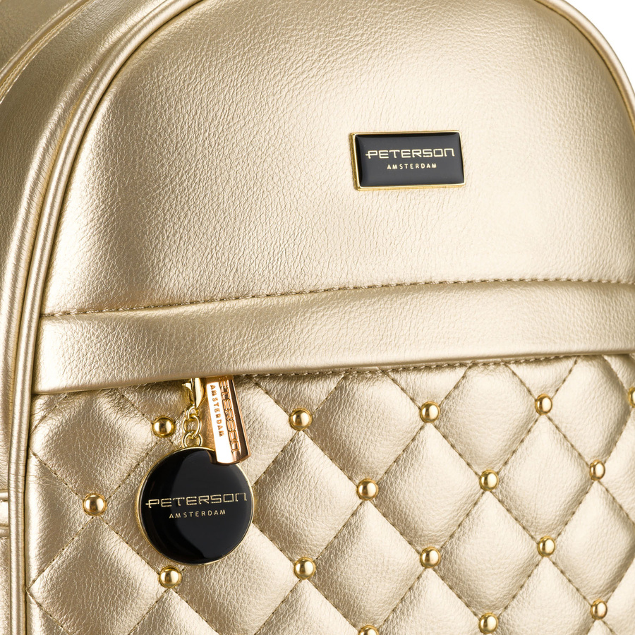 Złoty pikowany błyszczący plecak damski ze skóry ekologicznej mały Peterson