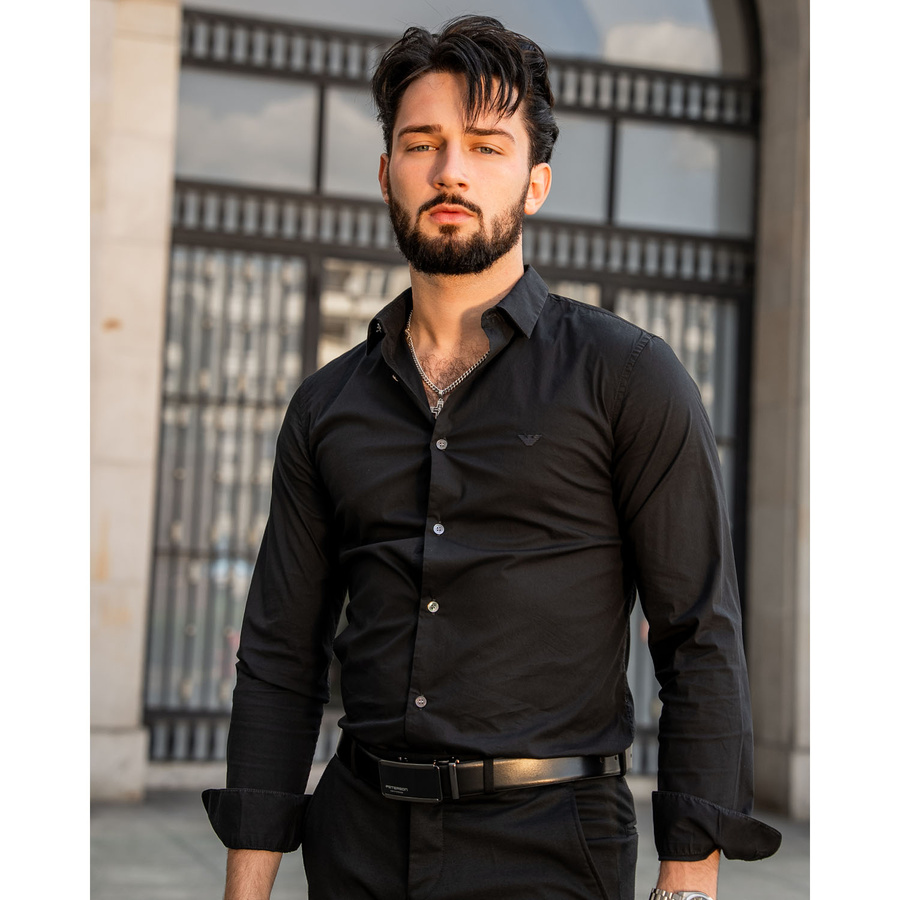 Klasyczny pasek męski w czarnym kolorze z automatyczną, srebrną klamrą - Peterson