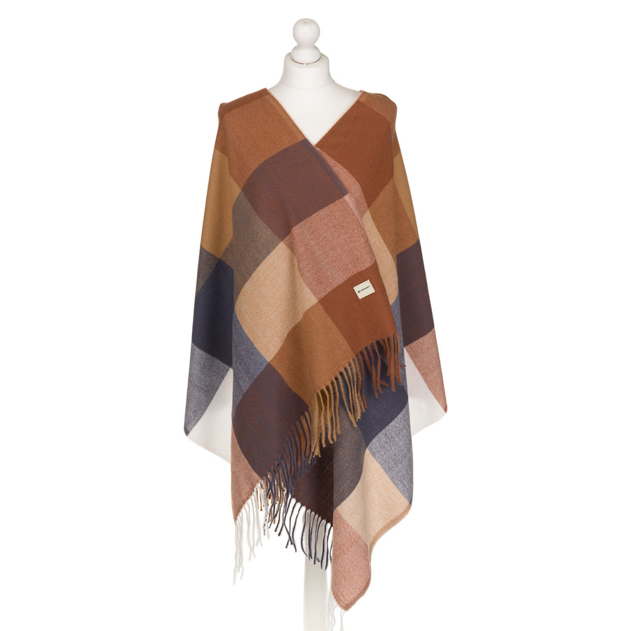 Dwustronny, brązowy szal damski z poliestru ozdobiony frędzlami - Rovicky