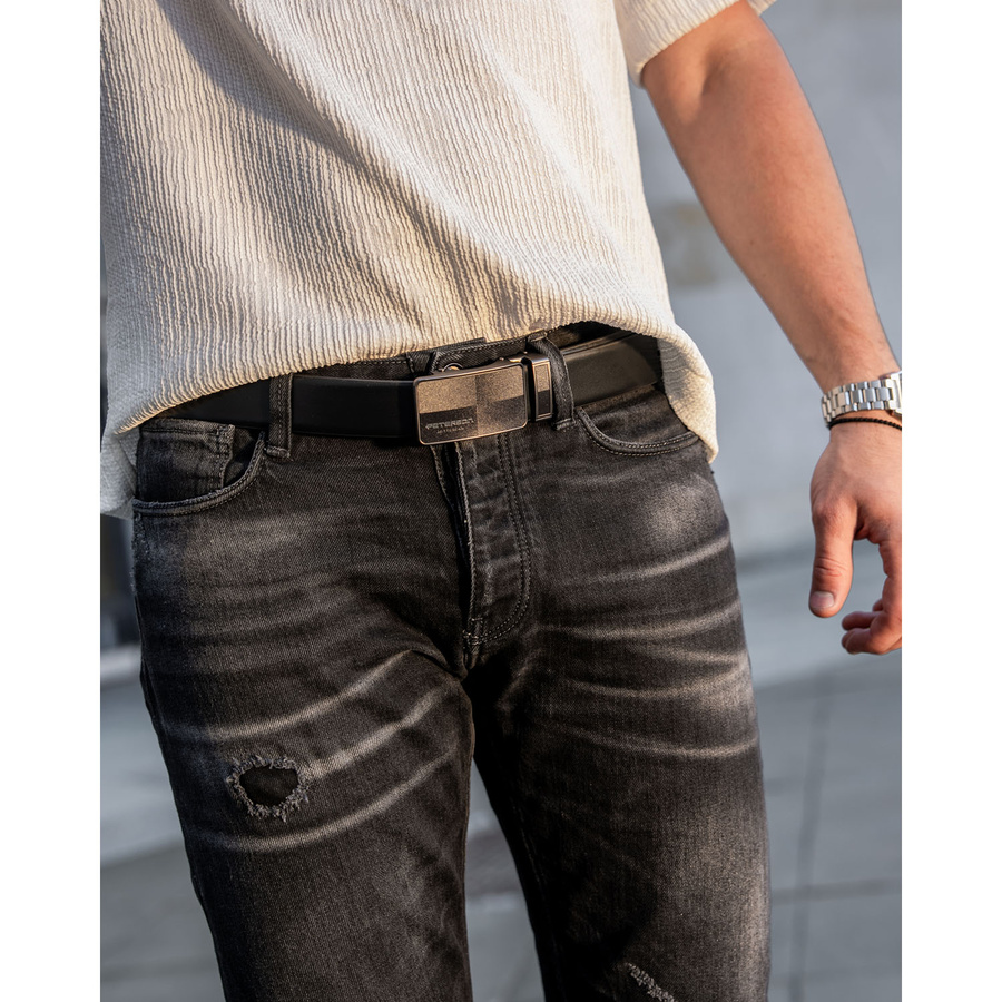 Czarny pasek męski ze skóry naturalnej z automatyczną, czarną klamrą - Peterson