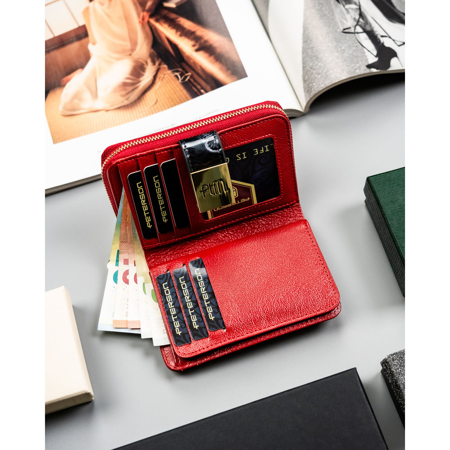 Czerwony portfel damski ze skóry naturalnej wyposażony w system RFID - Peterson