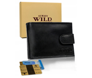 Skórzany, duży portfel męski z logo, poziomy z zapięciem — Always Wild