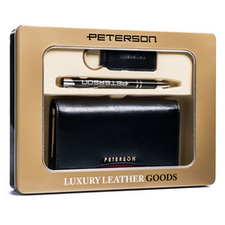 Zestaw prezentowy: duży, skórzany portfel damski, brelok i długopis — Peterson