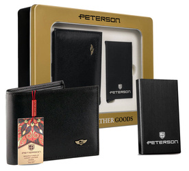 Zestaw prezentowy: skórzany portfel męski i aluminiowe etui — Peterson