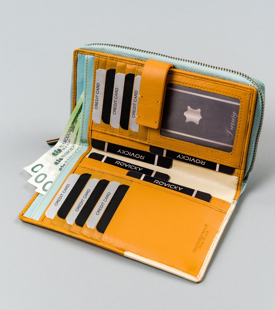 Kolorowy portfel damski z dwiema sekcjami, skóra naturalna