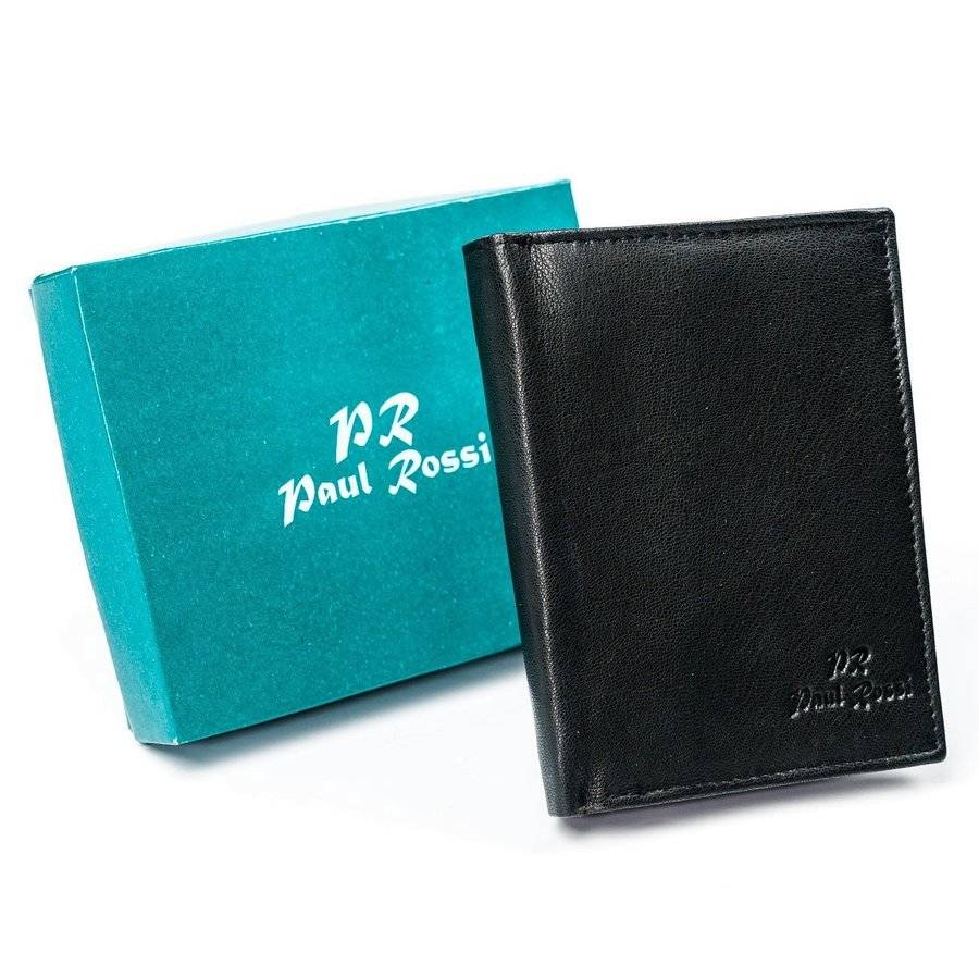 Czarny skórzany portfel męski pionowy bez zapięcia — Paul Rossi
