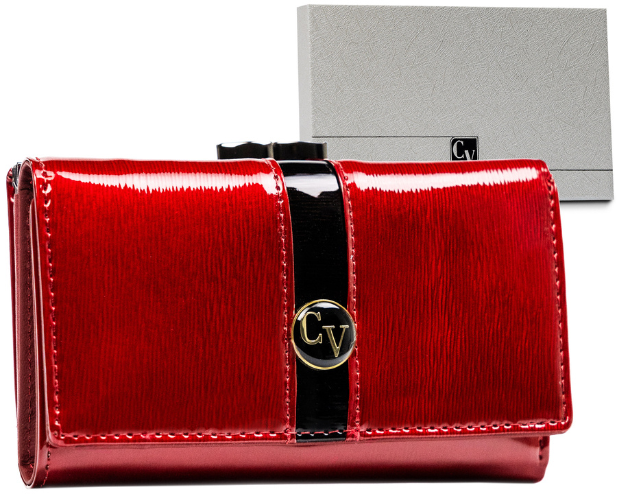 Czerwony portfel damski z portmonetką na bigiel z lakierowanej skóry naturalnej - Cavaldi